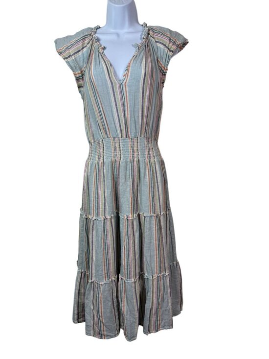 Rails Dresses & Skirts - Rails Amelia Sage Harbour Stripe Tiered Midi Dress Linen Blend Size Small Green